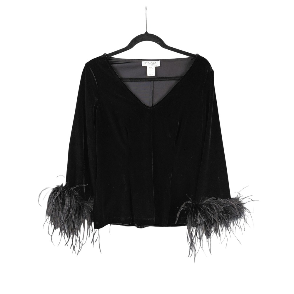 Emma Fashions Black Velvet V-Neck Blouse Ostrich Feather Trim Cuffs Womens Small